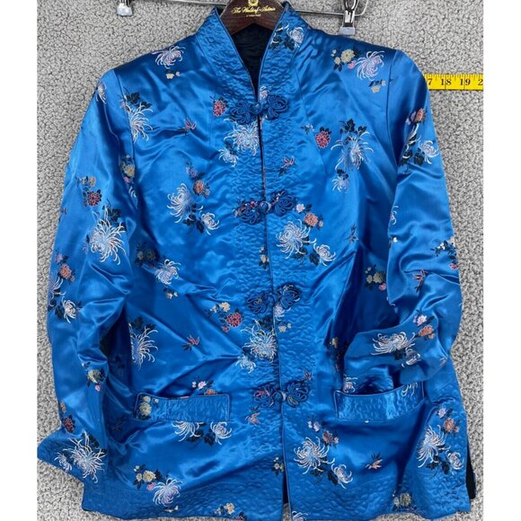 Vintage Women's Blue Black Reversible Satin Pankou Asian Blazer Size Large - Picture 1 of 12